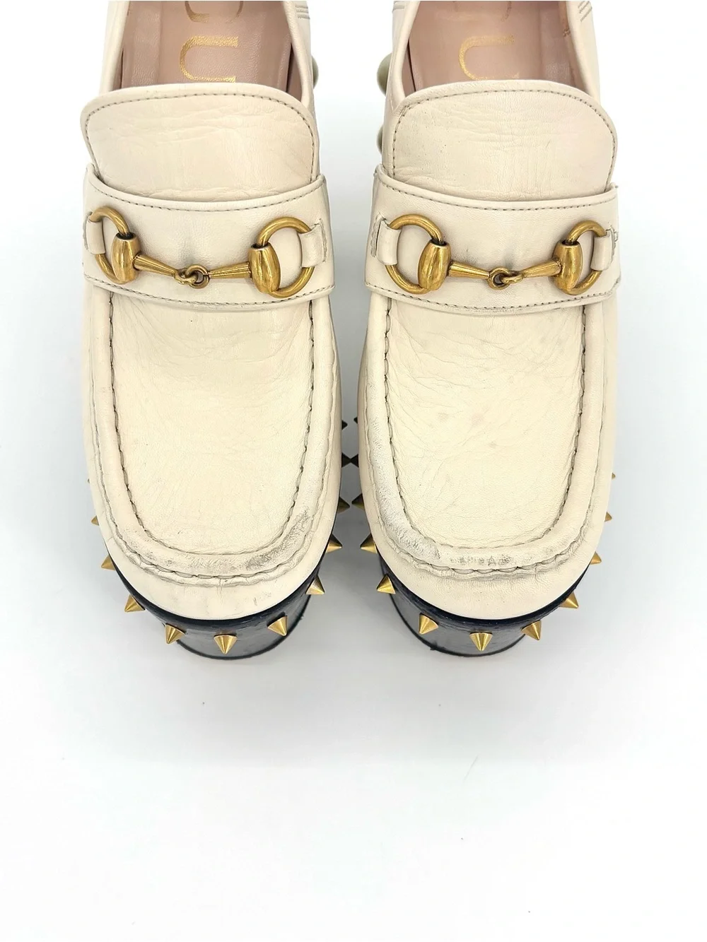 Gucci Vegas Spiked Pearl Horsebit Platform High Block Heel Loafers 36